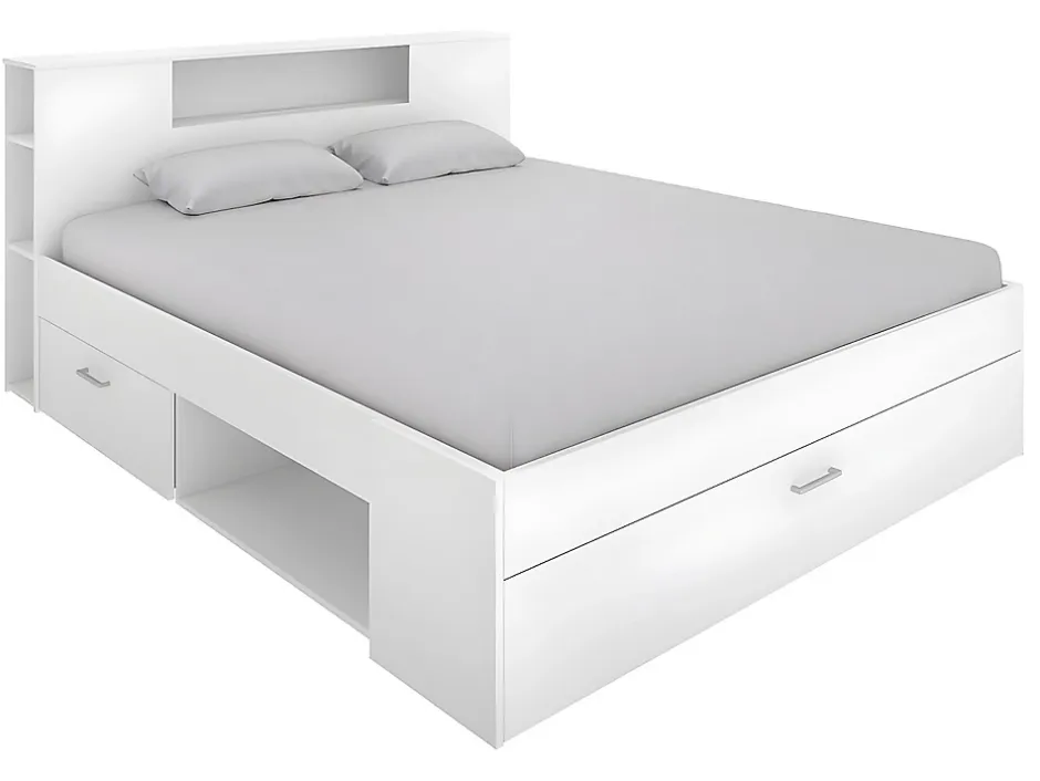 Vente-unique Lit avec tête de lit rangements et tiroirs - 160 x 200 cm - Coloris : Blanc + Sommier - LEANDRE Hot
