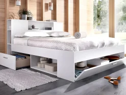 Vente-unique Lit avec tête de lit rangements et tiroirs - 160 x 200 cm - Coloris : Blanc + Sommier - LEANDRE Hot