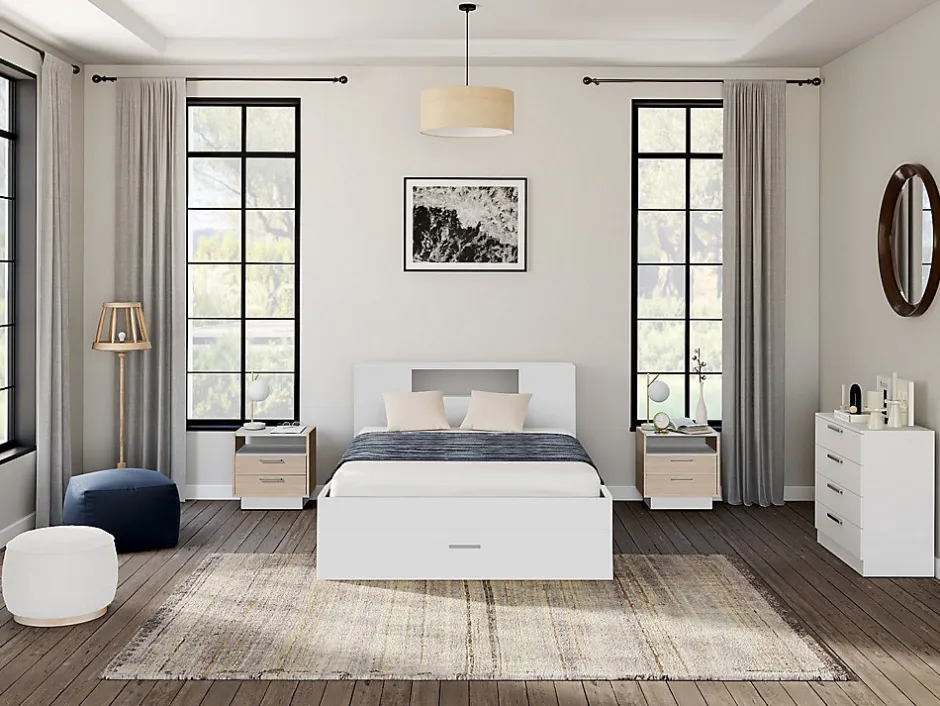 Vente-unique Lit avec tête de lit rangements et tiroirs - 160 x 200 cm - Coloris : Blanc + Sommier - LEANDRE Hot