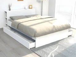 Vente-unique Lit avec tête de lit rangements et tiroirs 140 x 190 cm - Blanc - EUGENE New