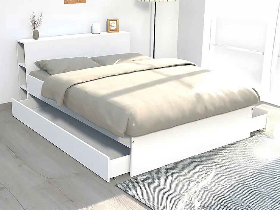 Vente-unique Lit avec tête de lit rangements et tiroirs 140 x 190 cm - Blanc - EUGENE New