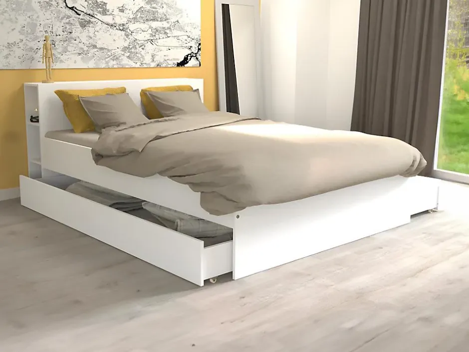 Vente-unique Lit avec tête de lit rangements et tiroirs 140 x 190 cm - Blanc - EUGENE New