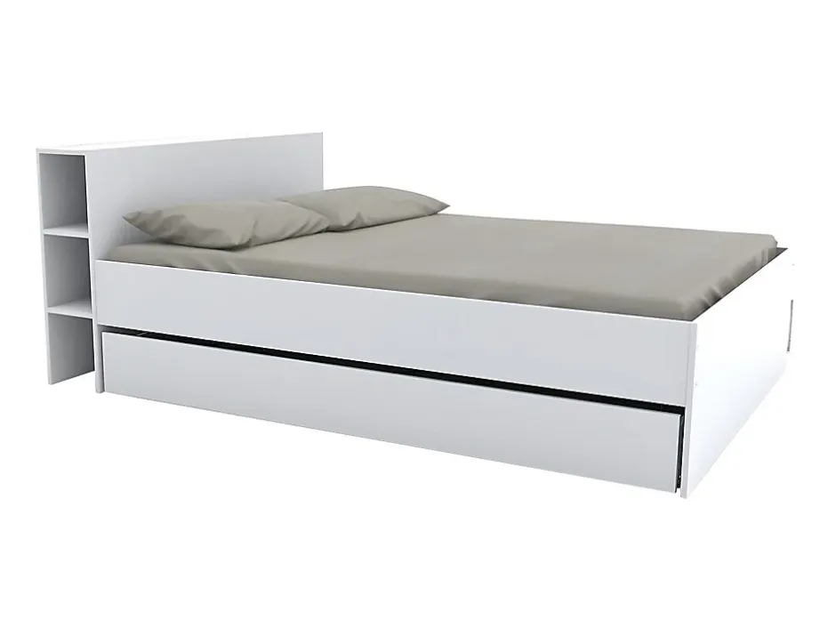 Vente-unique Lit avec tête de lit rangements et tiroirs 140 x 190 cm - Blanc - EUGENE New