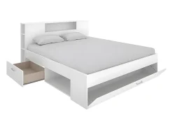 Vente-unique Lit avec tête de lit rangements et tiroirs - 160 x 200cm - Coloris : Blanc - LEANDRE New