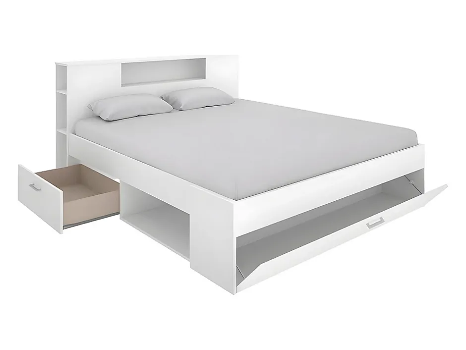 Vente-unique Lit avec tête de lit rangements et tiroirs - 160 x 200cm - Coloris : Blanc - LEANDRE New