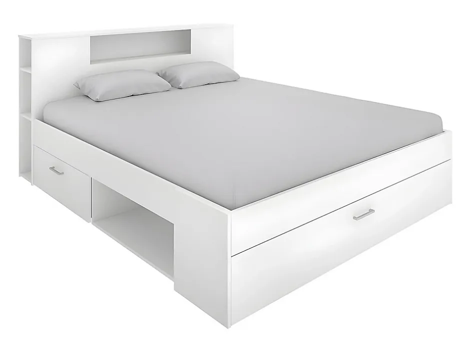 Vente-unique Lit avec tête de lit rangements et tiroirs - 160 x 200cm - Coloris : Blanc - LEANDRE New