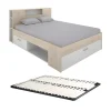 Vente-unique Lit avec tête de lit rangements et tiroirs - 160 x 200 cm - Coloris : Naturel et blanc + Sommier - LEANDRE