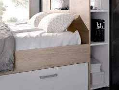 Vente-unique Lit avec tête de lit rangements et tiroirs - 160 x 200 cm - Coloris : Naturel et blanc + Sommier - LEANDRE