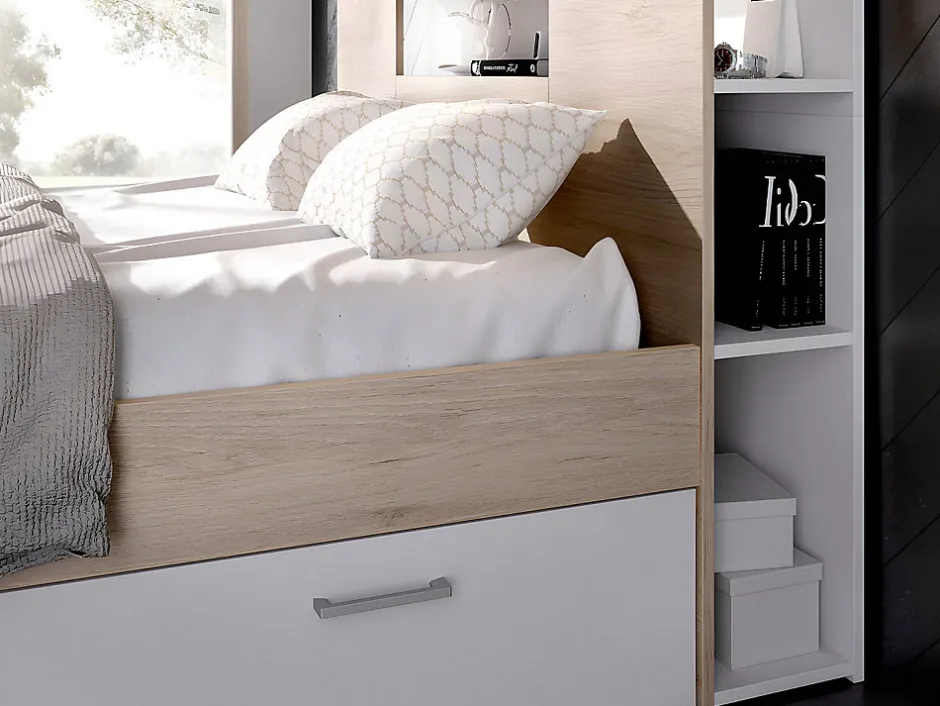 Vente-unique Lit avec tête de lit rangements et tiroirs - 160 x 200 cm - Coloris : Naturel et blanc + Sommier - LEANDRE