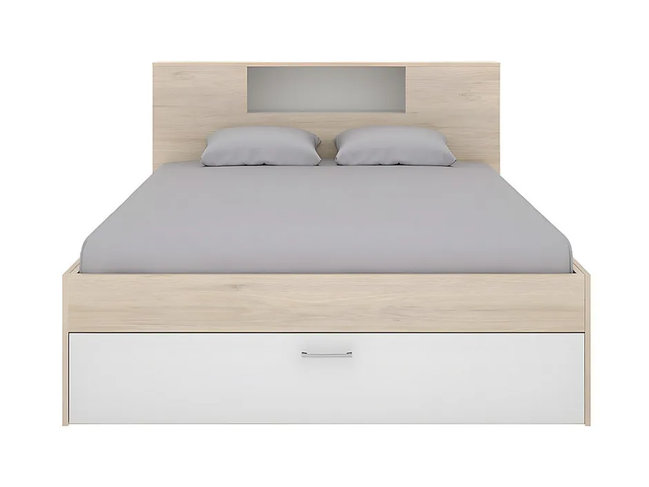Vente-unique Lit avec tête de lit rangements et tiroirs - 160 x 200 cm - Coloris : Naturel et blanc + Sommier - LEANDRE