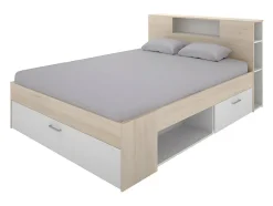Vente-unique Lit avec tête de lit rangements et tiroirs - 160 x 200 cm - Coloris : Naturel et blanc + Sommier - LEANDRE
