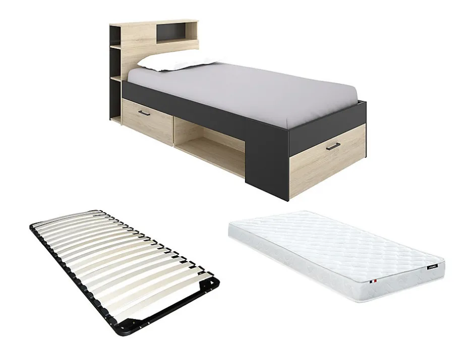Vente-unique Lit avec tête de lit rangements et tiroir - 90 x 190 cm - Anthracite et naturel + matelas + sommier - LEANDRE