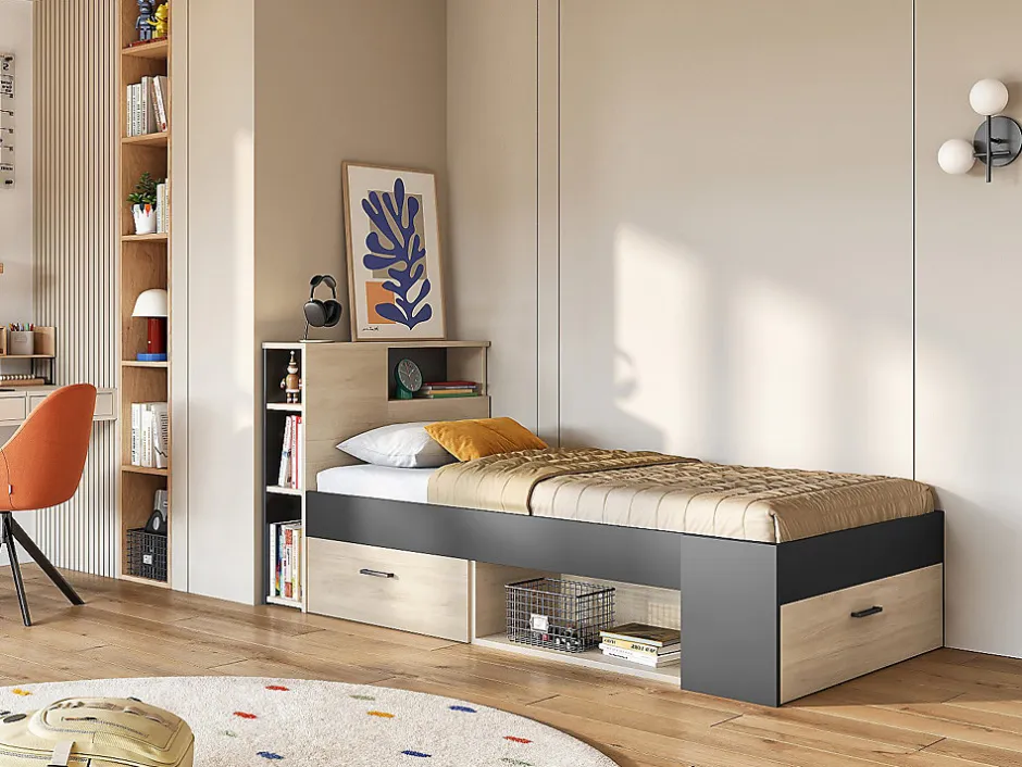 Vente-unique Lit avec tête de lit rangements et tiroir - 90 x 190 cm - Anthracite et naturel + matelas + sommier - LEANDRE