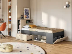 Vente-unique Lit avec tête de lit rangements et tiroir - 90 x 190 cm - Anthracite et naturel + matelas + sommier - LEANDRE
