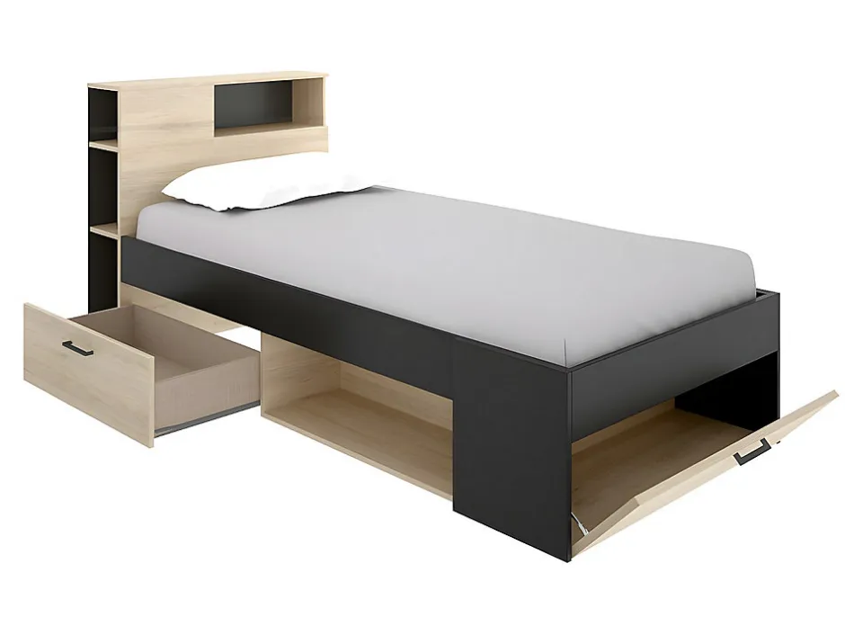 Vente-unique Lit avec tête de lit rangements et tiroir - 90 x 190 cm - Anthracite et naturel + matelas + sommier - LEANDRE