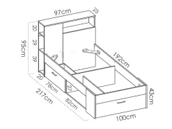 Vente-unique Lit avec tête de lit rangements et tiroir - 90 x 190 cm - Anthracite et naturel + matelas + sommier - LEANDRE
