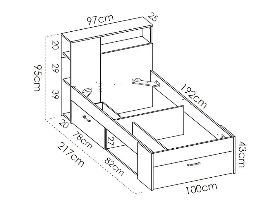 Vente-unique Lit avec tête de lit rangements et tiroir - 90 x 190 cm - Anthracite et naturel + matelas + sommier - LEANDRE
