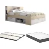 Vente-unique Lit avec tête de lit rangements et tiroirs - 140 x 190 cm - Coloris : Naturel et blanc + Sommier + Matelas - LEANDRE