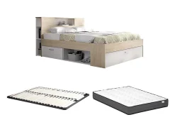 Vente-unique Lit avec tête de lit rangements et tiroirs - 140 x 190 cm - Coloris : Naturel et blanc + Sommier + Matelas - LEANDRE