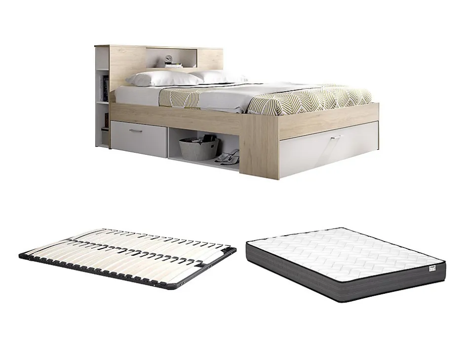 Vente-unique Lit avec tête de lit rangements et tiroirs - 140 x 190 cm - Coloris : Naturel et blanc + Sommier + Matelas - LEANDRE