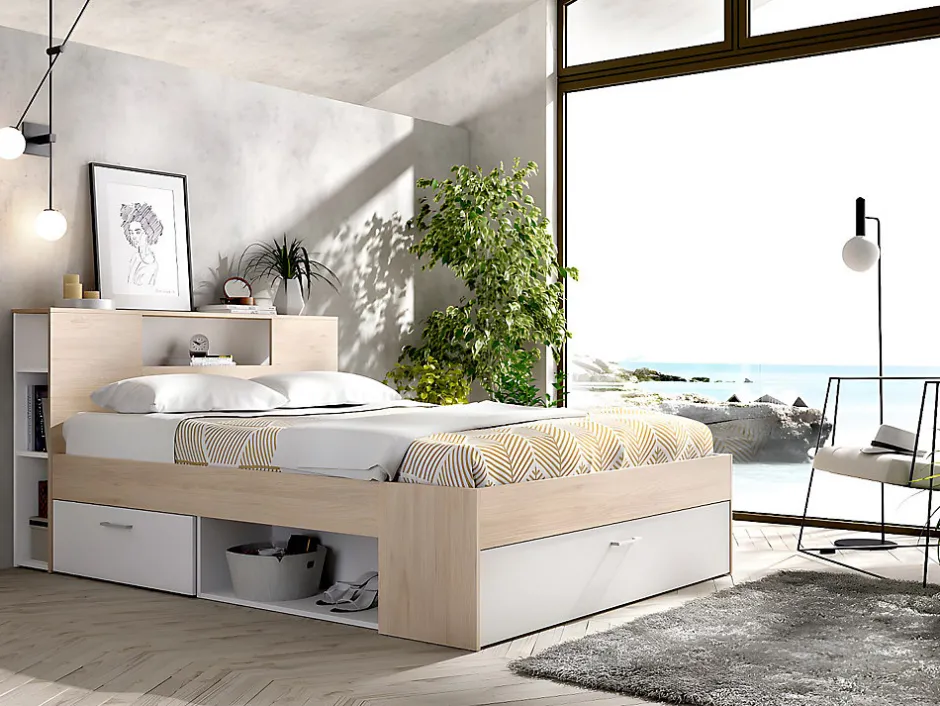 Vente-unique Lit avec tête de lit rangements et tiroirs - 140 x 190 cm - Coloris : Naturel et blanc + Sommier + Matelas - LEANDRE