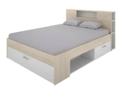 Vente-unique Lit avec tête de lit rangements et tiroirs - 140 x 190 cm - Coloris : Naturel et blanc + Sommier + Matelas - LEANDRE