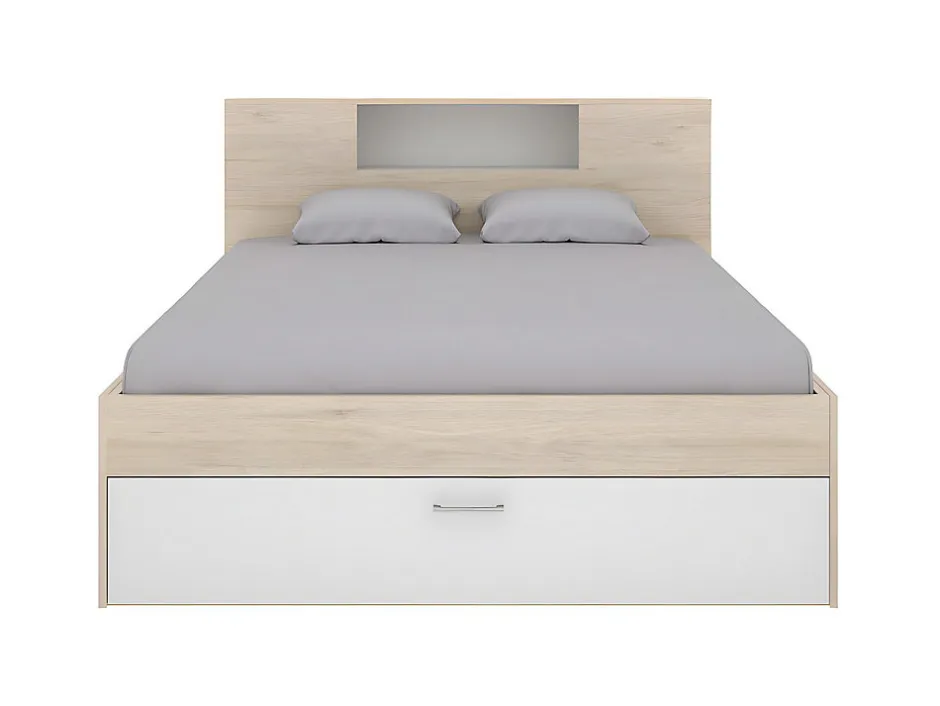 Vente-unique Lit avec tête de lit rangements et tiroirs - 140 x 190 cm - Coloris : Naturel et blanc + Sommier + Matelas - LEANDRE