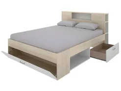 Vente-unique Lit avec tête de lit rangements et tiroirs - 140 x 190 cm - Coloris : Naturel et blanc + Sommier + Matelas - LEANDRE