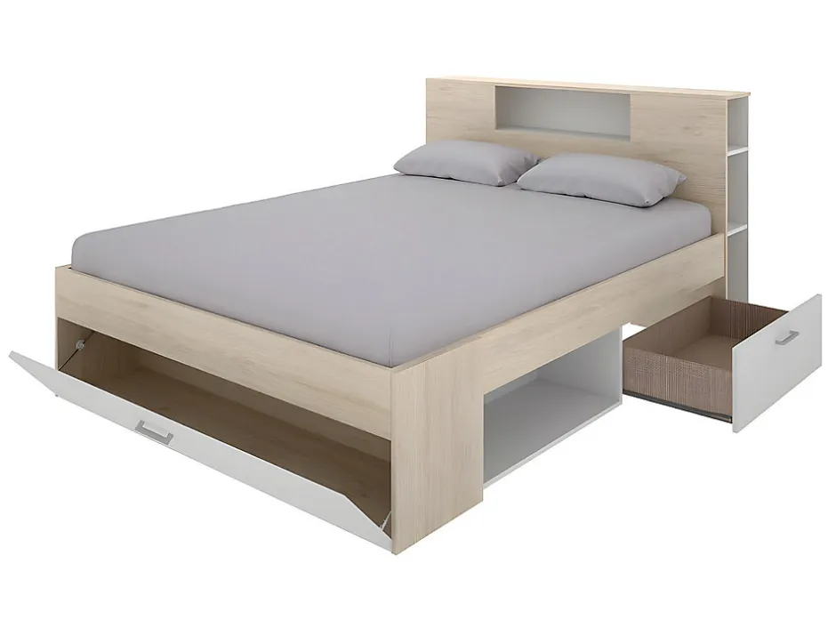 Vente-unique Lit avec tête de lit rangements et tiroirs - 140 x 190 cm - Coloris : Naturel et blanc + Sommier + Matelas - LEANDRE
