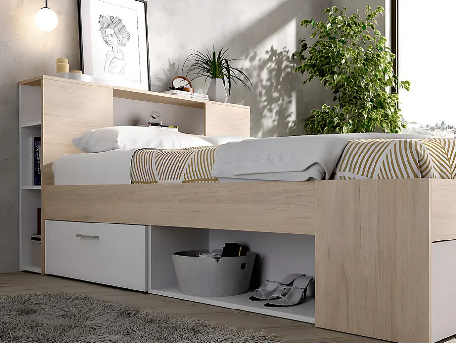 Vente-unique Lit avec tête de lit rangements et tiroirs - 140 x 190 cm - Coloris : Naturel et blanc + Sommier + Matelas - LEANDRE