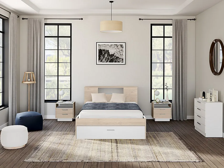 Vente-unique Lit avec tête de lit rangements et tiroirs - 140 x 190 cm - Coloris : Naturel et blanc + Sommier + Matelas - LEANDRE