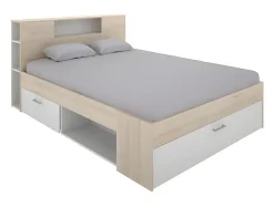 Vente-unique Lit avec tête de lit rangements et tiroirs - 140 x 190 cm - Coloris : Naturel et blanc - LEANDRE
