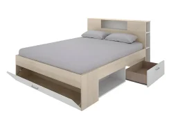 Vente-unique Lit avec tête de lit rangements et tiroirs - 140 x 190 cm - Coloris : Naturel et blanc - LEANDRE