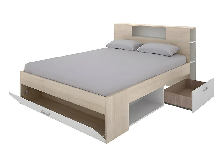 Vente-unique Lit avec tête de lit rangements et tiroirs - 140 x 190 cm - Coloris : Naturel et blanc - LEANDRE