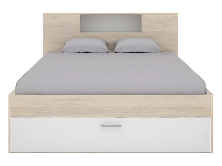 Vente-unique Lit avec tête de lit rangements et tiroirs - 140 x 190 cm - Coloris : Naturel et blanc - LEANDRE