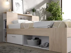 Vente-unique Lit avec tête de lit rangements et tiroirs - 140 x 190 cm - Coloris : Naturel et blanc - LEANDRE