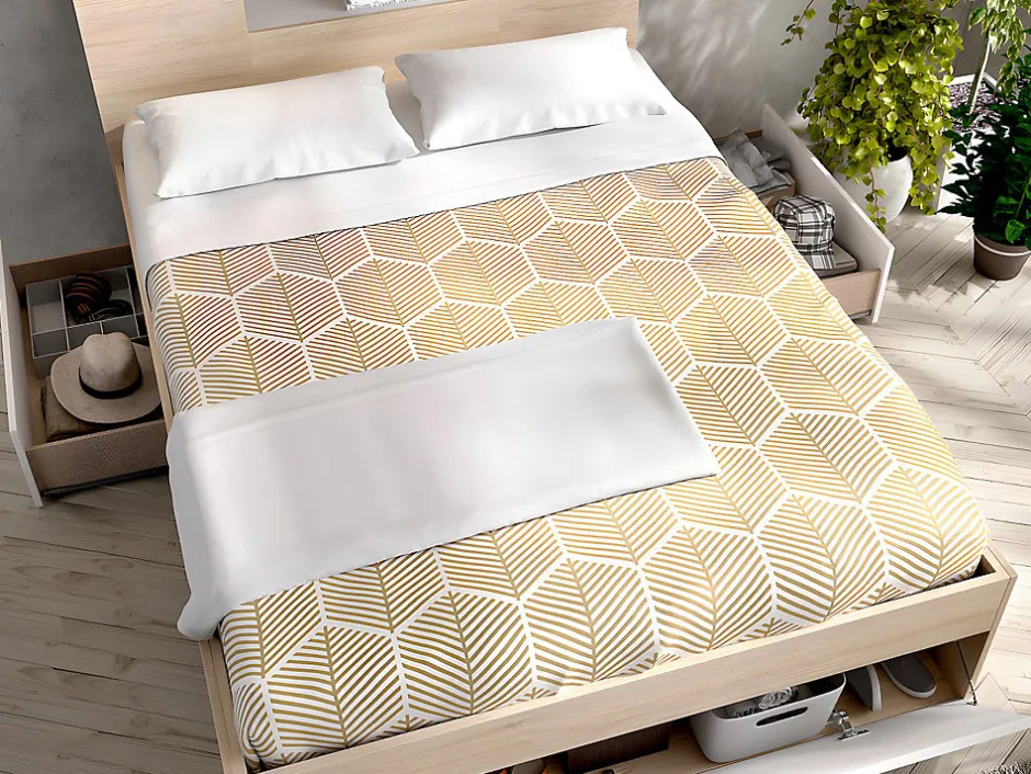 Vente-unique Lit avec tête de lit rangements et tiroirs - 140 x 190 cm - Coloris : Naturel et blanc - LEANDRE