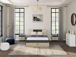 Vente-unique Lit avec tête de lit rangements et tiroirs - 140 x 190 cm - Coloris : Naturel et anthracite + Sommier + Matelas - LEANDRE Sale