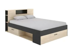 Vente-unique Lit avec tête de lit rangements et tiroirs - 140 x 190 cm - Coloris : Naturel et anthracite + Sommier + Matelas - LEANDRE Sale