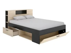 Vente-unique Lit avec tête de lit rangements et tiroirs - 140 x 190 cm - Coloris : Naturel et anthracite + Sommier + Matelas - LEANDRE Sale