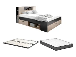 Vente-unique Lit avec tête de lit rangements et tiroirs - 140 x 190 cm - Coloris : Naturel et anthracite + Sommier + Matelas - LEANDRE Sale