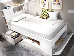 Vente-unique Lit avec tête de lit rangements et tiroir - 90 x 190 cm - Blanc - LEANDRE New