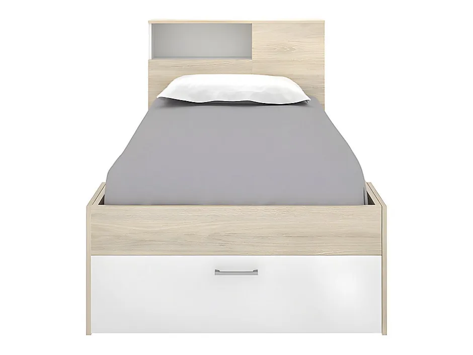 Vente-unique Lit avec tête de lit rangements et tiroir - 90 x 190 cm - Blanc et Naturel - LEANDRE