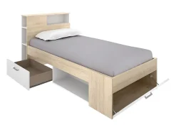 Vente-unique Lit avec tête de lit rangements et tiroir - 90 x 190 cm - Blanc et Naturel - LEANDRE