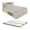 Vente-unique Lit avec tête de lit rangements et tiroirs - 140 x 190 cm - Coloris : Naturel + Sommier - LEANDRE