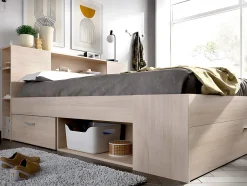 Vente-unique Lit avec tête de lit rangements et tiroirs - 140 x 190 cm - Coloris : Naturel + Sommier - LEANDRE