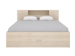Vente-unique Lit avec tête de lit rangements et tiroirs - 140 x 190 cm - Coloris : Naturel + Sommier - LEANDRE