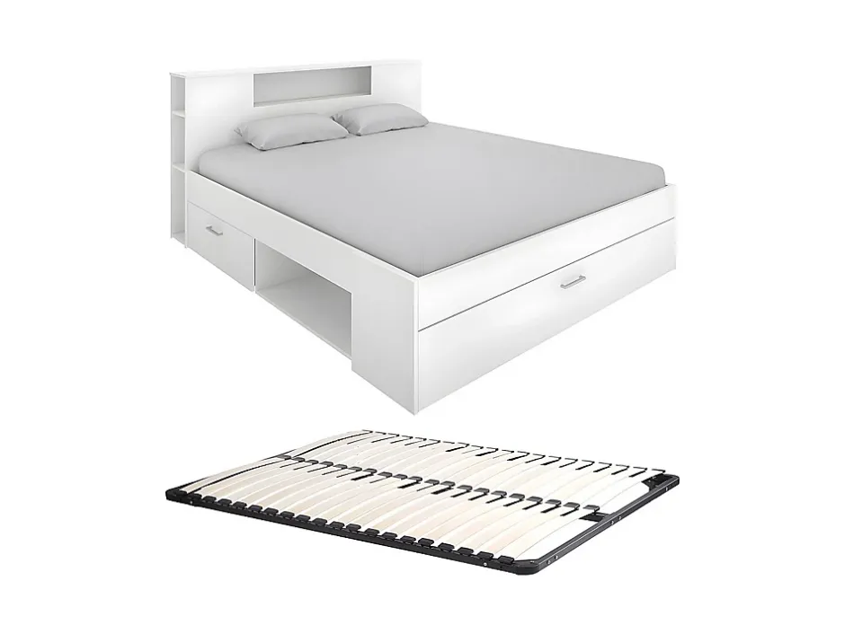 Vente-unique Lit avec tête de lit rangements et tiroirs - 140 x 190 cm - Coloris : Blanc + Sommier - LEANDRE Best