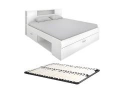 Vente-unique Lit avec tête de lit rangements et tiroirs - 140 x 190 cm - Coloris : Blanc + Sommier - LEANDRE Best