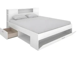 Vente-unique Lit avec tête de lit rangements et tiroirs - 140 x 190 cm - Coloris : Blanc + Sommier - LEANDRE Best
